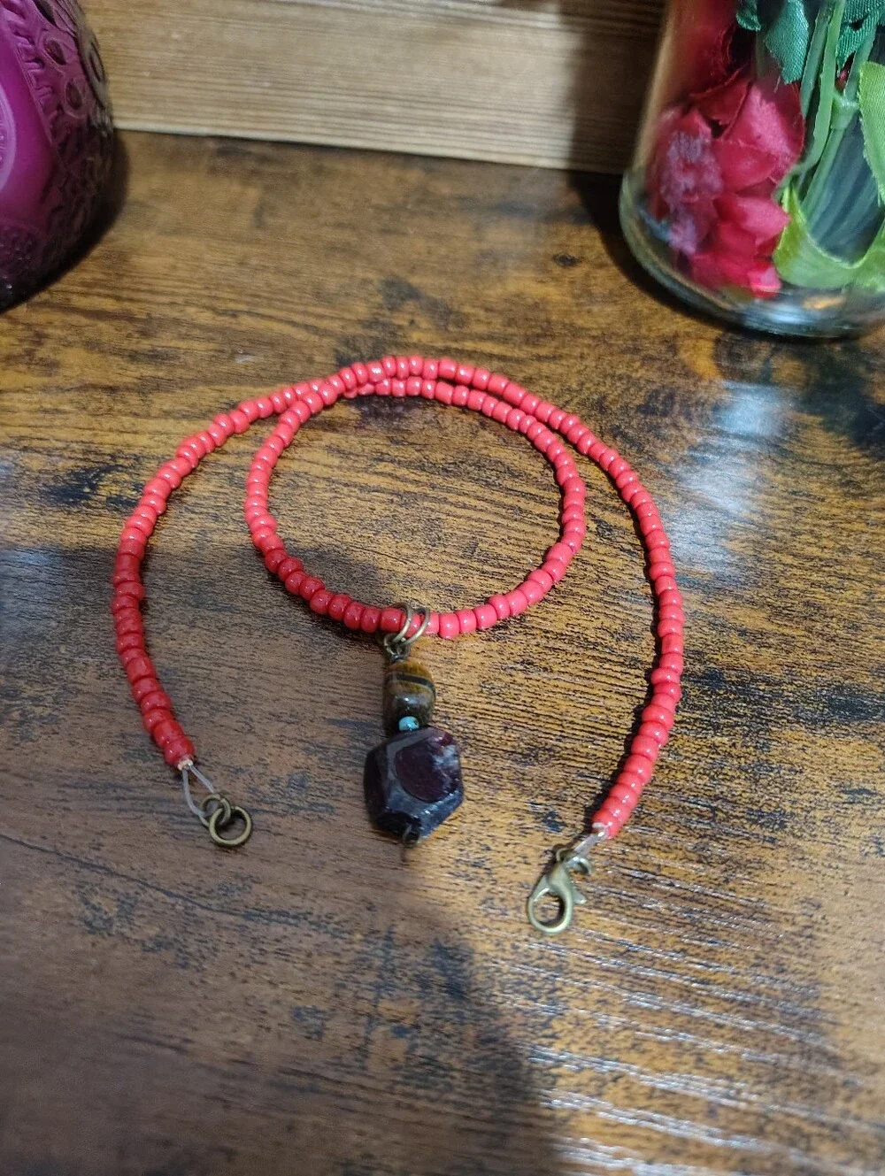 Red Beaded Gemstone Pendant Necklace - Men's Necklace